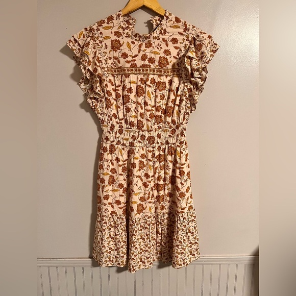 DR2 Cream and Brown Ruched Midi Sundress - Picture 1 of 9
